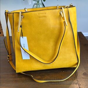 Calvin Klein Reyna North/South Yellow Mustard Vegan Leather Tote Bag NWT